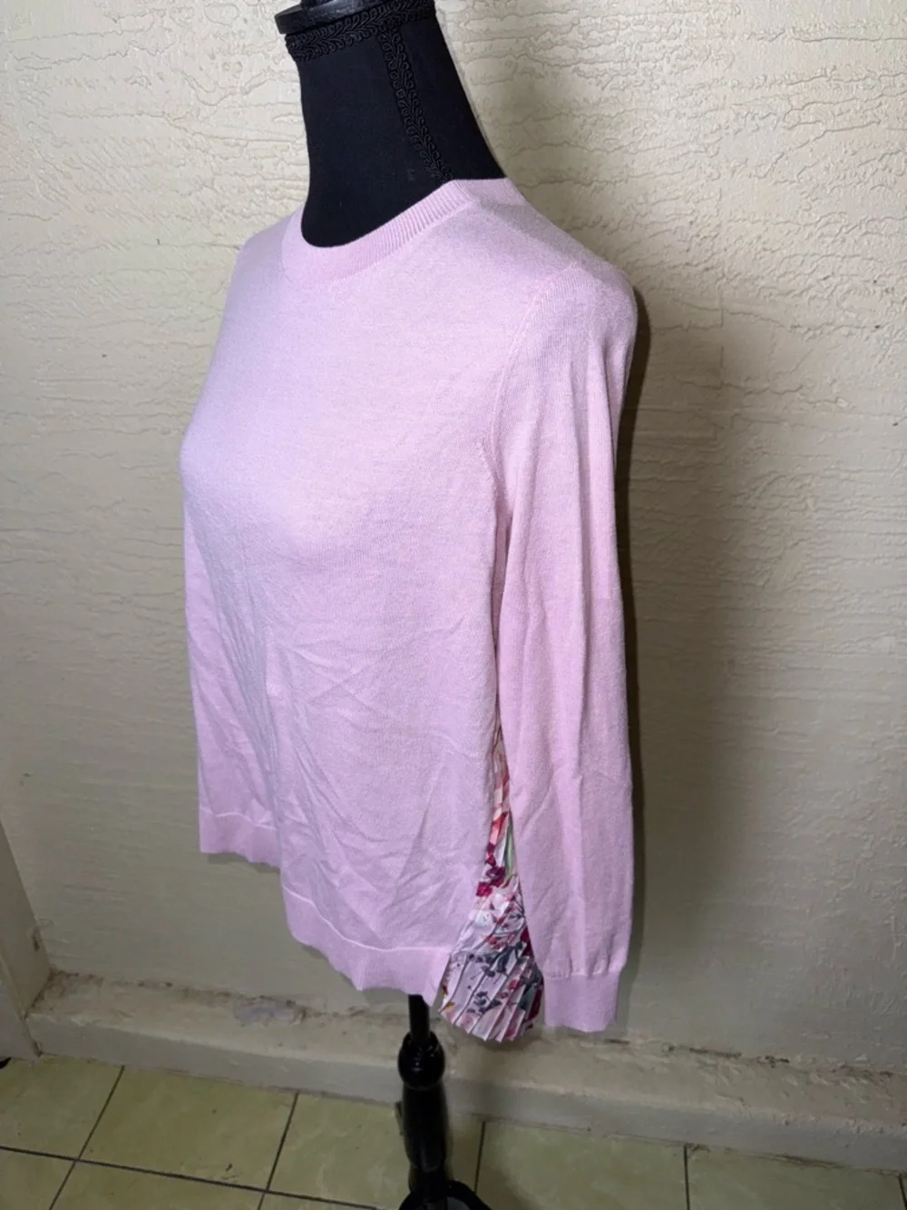 Ted Baker Kaleese Pink Pleated Floral Back‎ Sweater Silk Blend High-Low knit- S